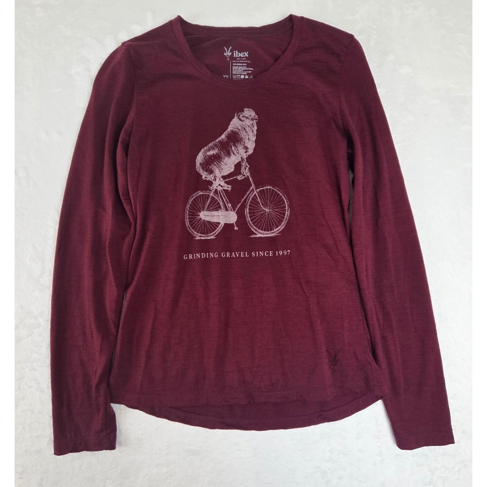 Ibex Women XS Maroon Merino Wool‎ Long Sleeve Graphic Tee Grinding Gravel 1997